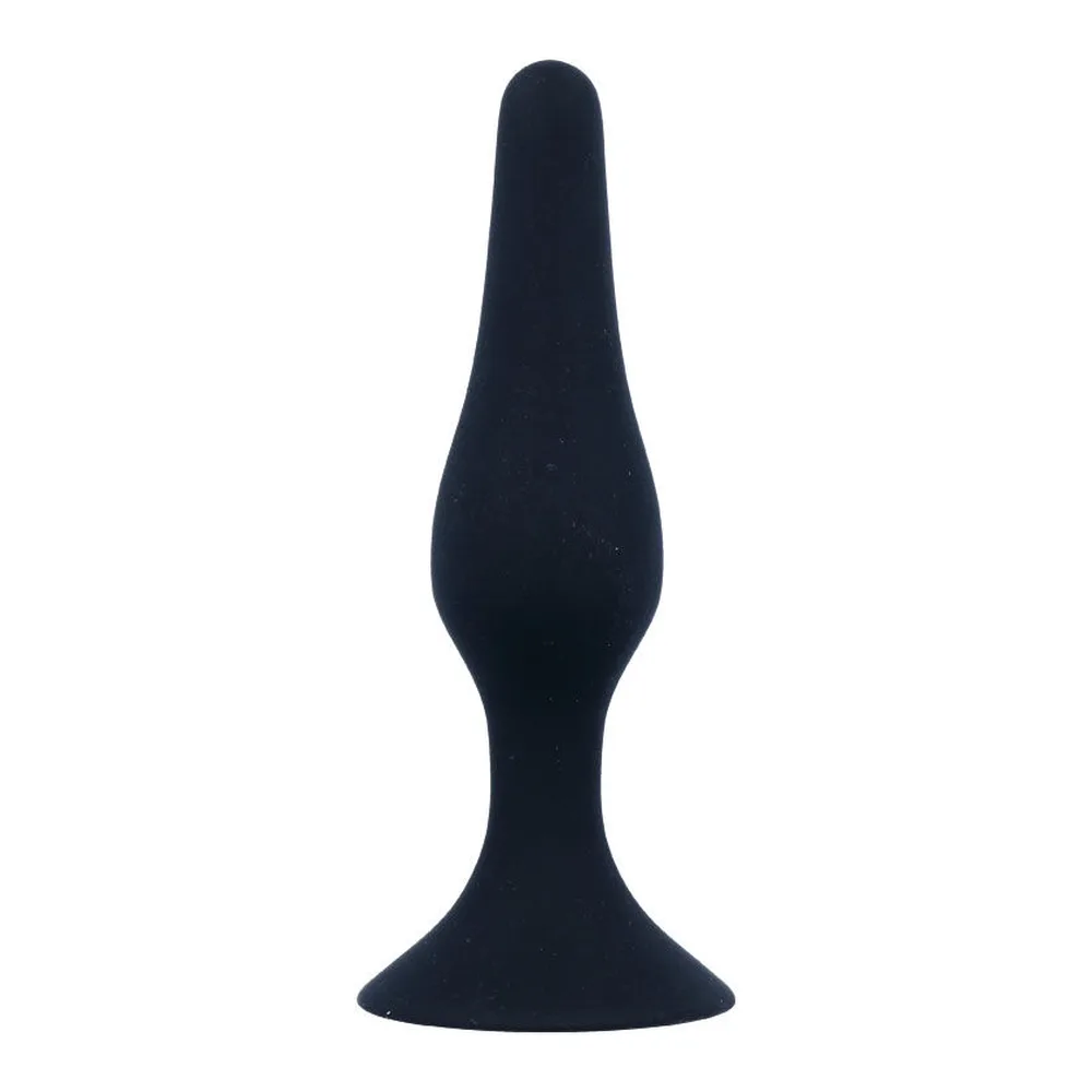 Plug anal en silicone noir, forme conique pointue au sommet et base évasée plate, sur fond blanc
