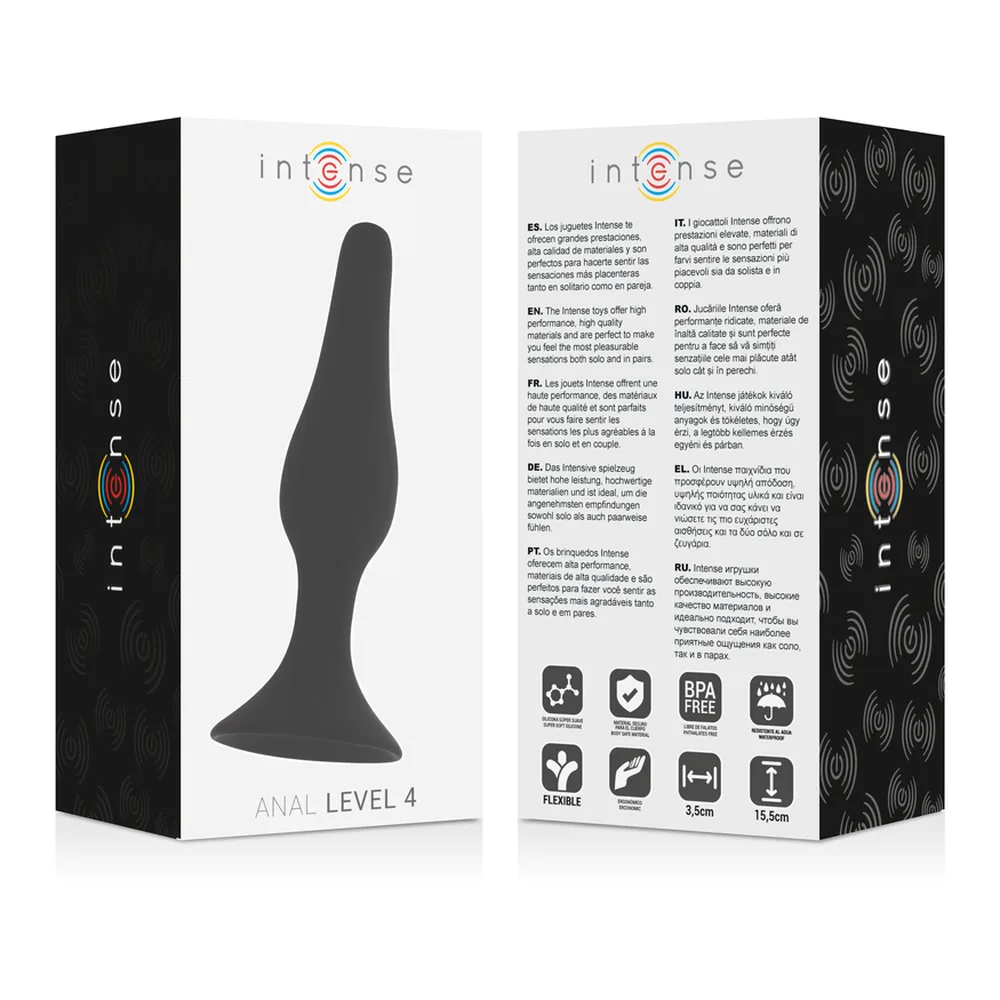 Sextoy anal en silicone noir, forme conique élancée avec base évasée plate, sur fond blanc