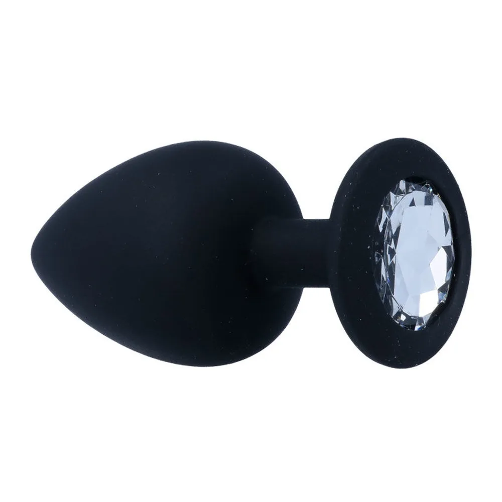 Plug anal en silicone noir Shelki L, forme conique avec base plate circulaire, vue de profil sur fond blanc