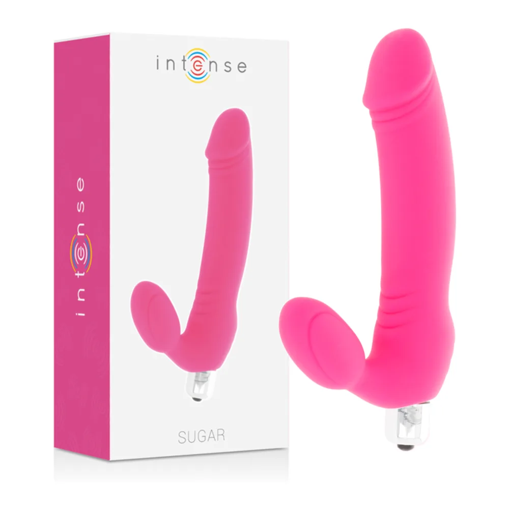 Emballage rose et blanc du vibromasseur Intense Sugar montrant le produit fuchsia en silicone avec double branche, face et dos avec caractéristiques techniques et pictogrammes informatifs