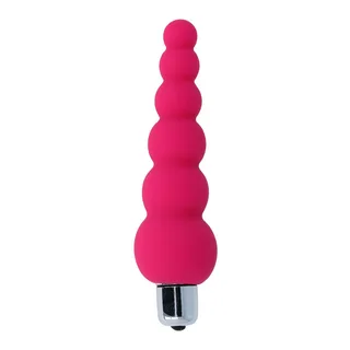 Vibromasseur anal en silicone rose fuchsia avec perles en diamètre croissant, tête arrondie, base chromée avec moteur, sur fond blanc
