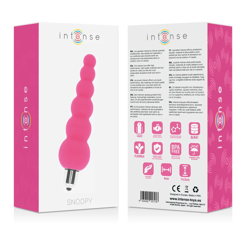 Vibromasseur anal en silicone rose fuchsia avec perles en diamètre croissant, tête arrondie, base chromée avec moteur, sur fond blanc
