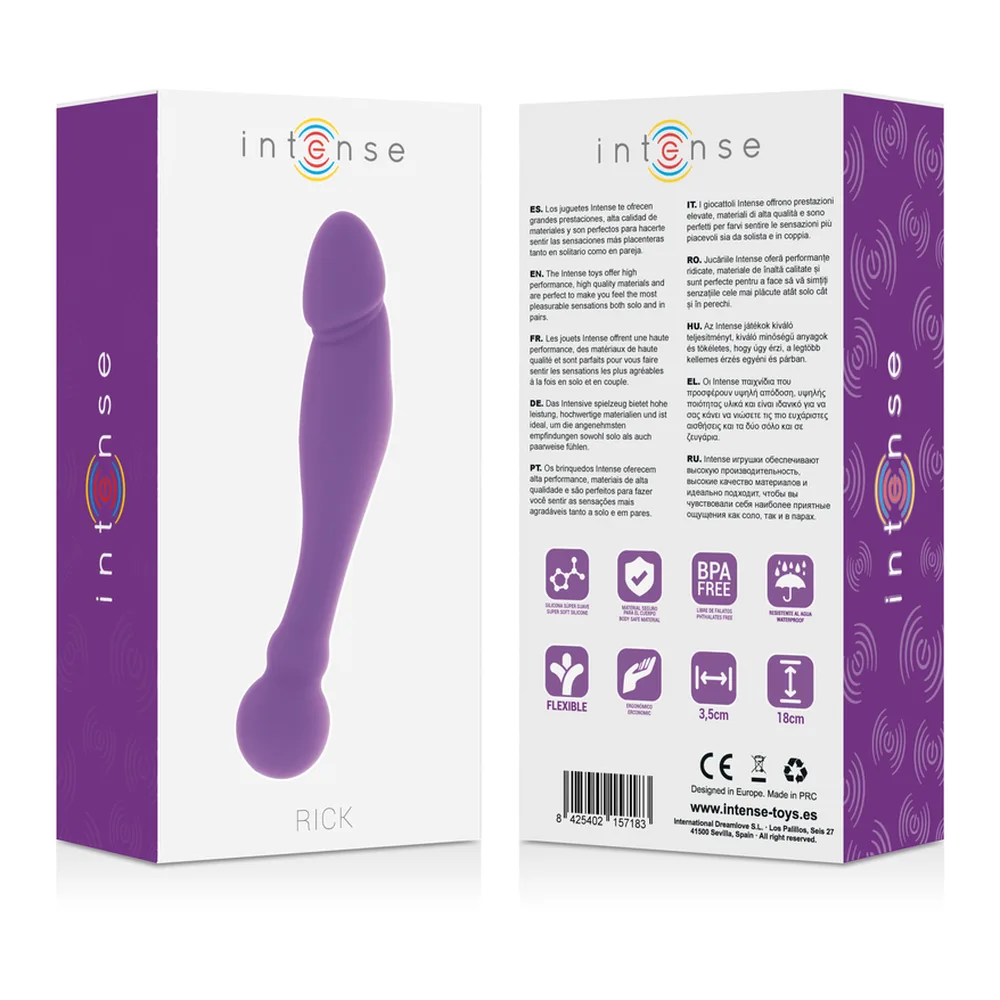 Emballage du gode silicone Rick Intense violet, présentant le produit en forme de double embout sur fond blanc et violet