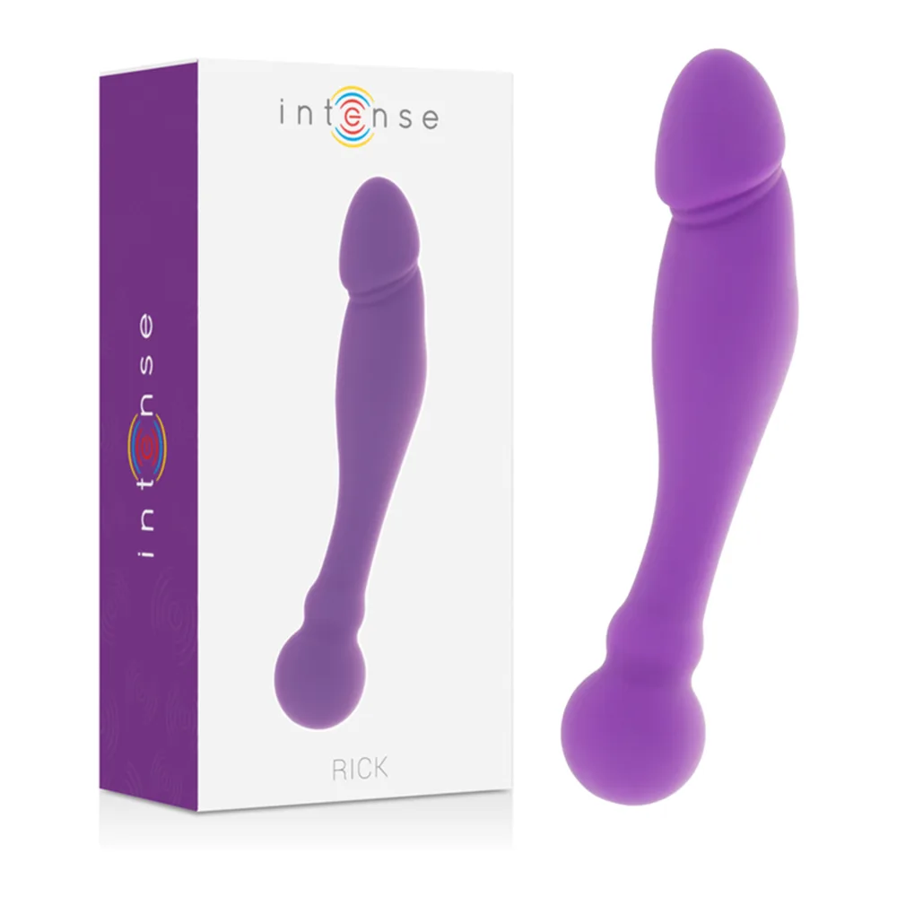 Emballage du gode silicone Rick Intense violet, présentant le produit en forme de double embout sur fond blanc et violet