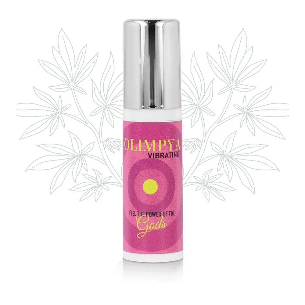 Flacon rose fuchsia de gel stimulant Olimypa Vibrating avec capuchon argenté, présenté sur fond blanc avec motif de feuilles stylisées
