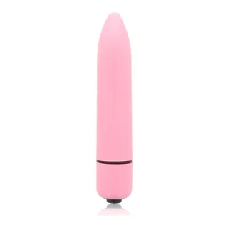 Stimulateur clitoridien rose en silicone, forme effilée avec anneau de commande noir à mi-hauteur, sur fond blanc