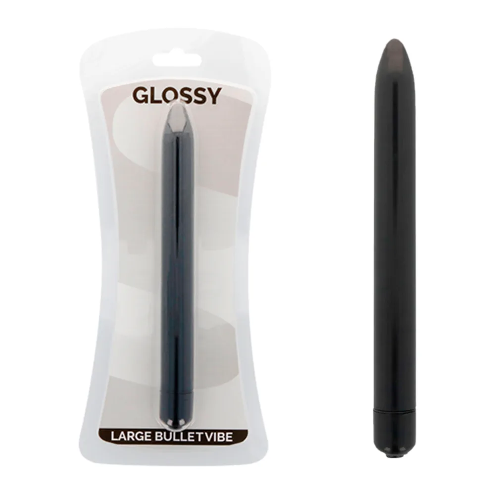 Vibromasseur rose pâle de forme allongée et effilée, corps lisse en silicone avec anneau de commande noir à la base, sur fond blanc