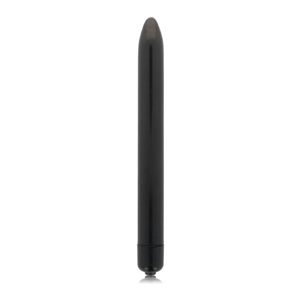 Vibromasseur rose pâle de forme allongée et effilée, corps lisse en silicone avec anneau de commande noir à la base, sur fond blanc