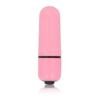Petit vibromasseur rose pâle de forme cylindrique arrondie, divisé en deux sections par une bande noire, sur fond blanc