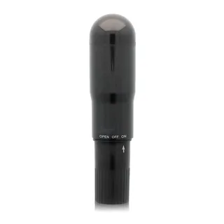 Vibrateur cylindrique noir brillant à tête arrondie, avec anneau de contrôle marqué « OPEN OFF ON » et poignée texturée, sur fond blanc