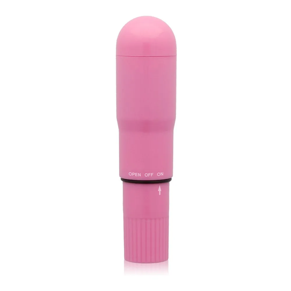Vibrateur cylindrique noir brillant à tête arrondie, avec anneau de contrôle marqué « OPEN OFF ON » et poignée texturée, sur fond blanc