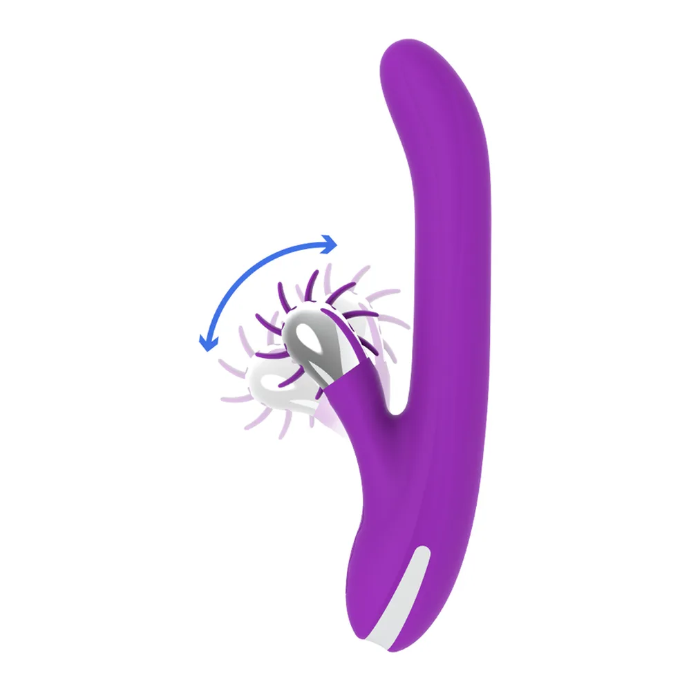 Stimulateur clitoridien violet en silicone incurvé avec accessoire blanc à la base, schéma montrant un mécanisme rotatif de perles à rotation circulaire