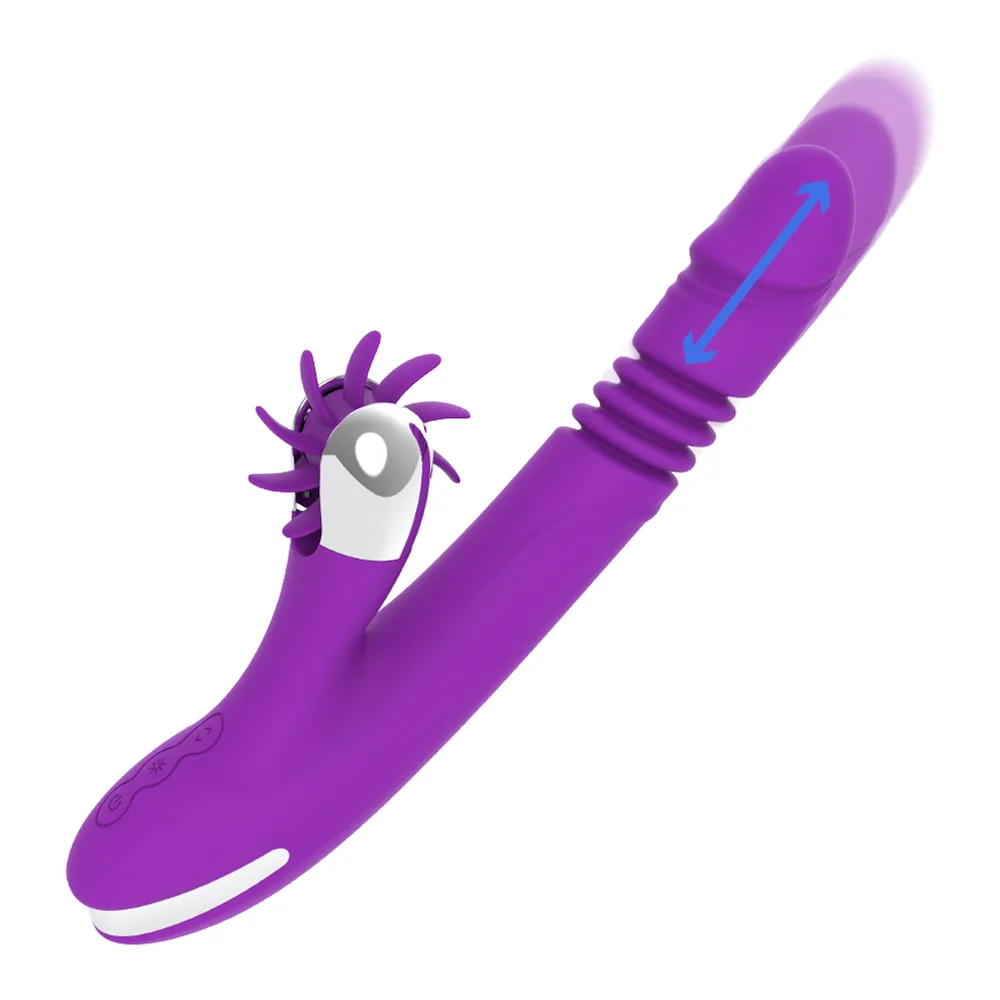 Vibromasseur rabbit en silicone violet avec tige ondulée et stimulateur clitoridien à roue texturée, flèche bleue indiquant le mouvement de va-et-vient, fond blanc