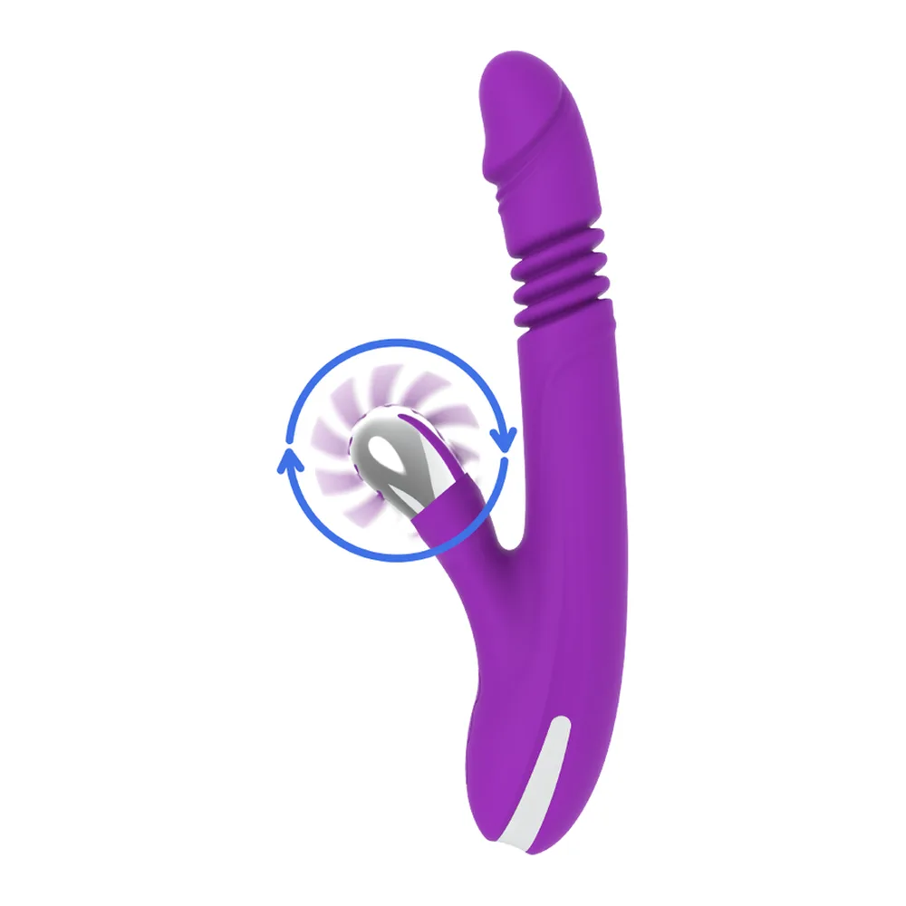 Vibromasseur rabbit en silicone violet avec tige ondulée et stimulateur clitoridien à roue texturée, flèche bleue indiquant le mouvement de va-et-vient, fond blanc
