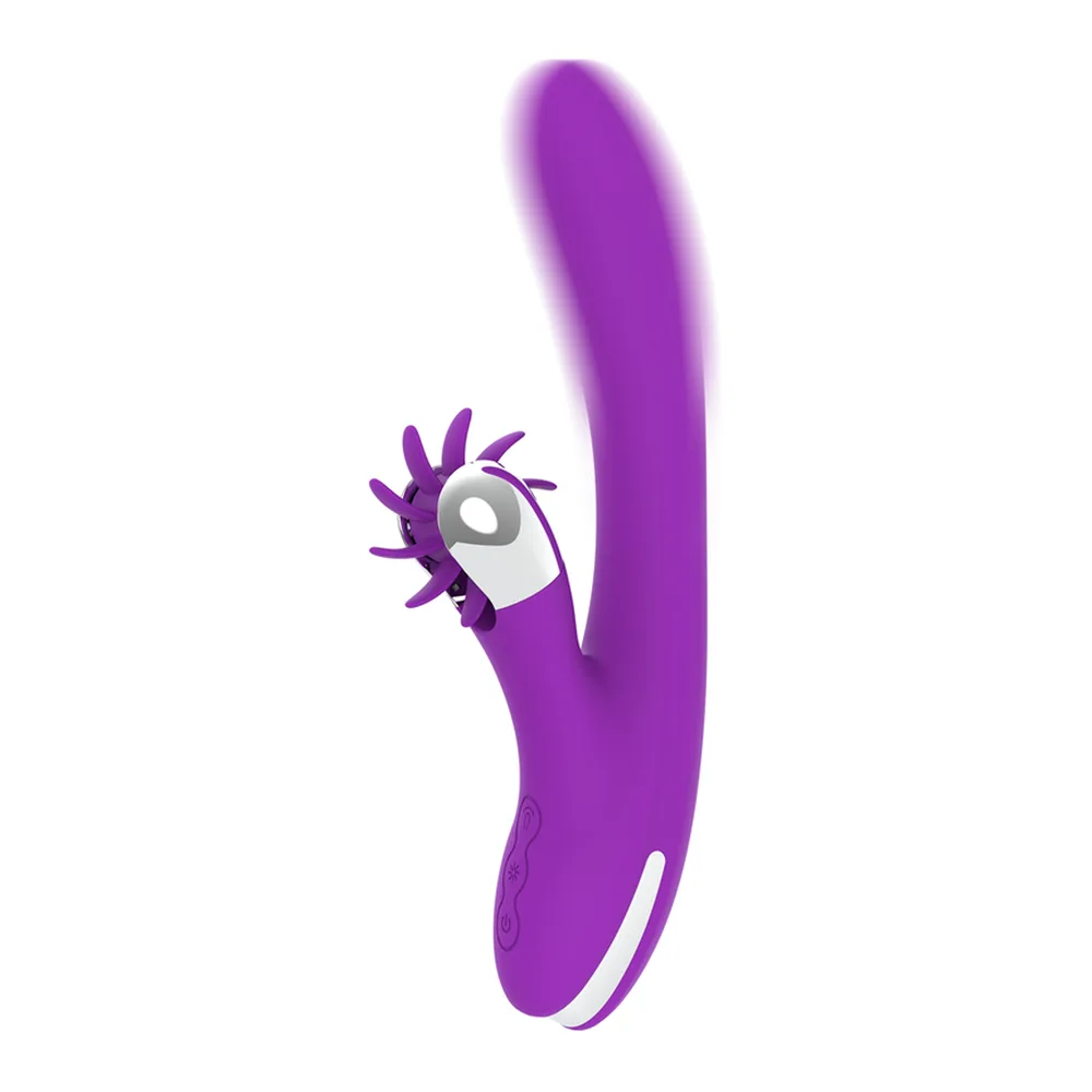 Stimulateur clitoridien violet avec branche incurvée et roue à picots rotative grise, design ergonomique sur fond blanc