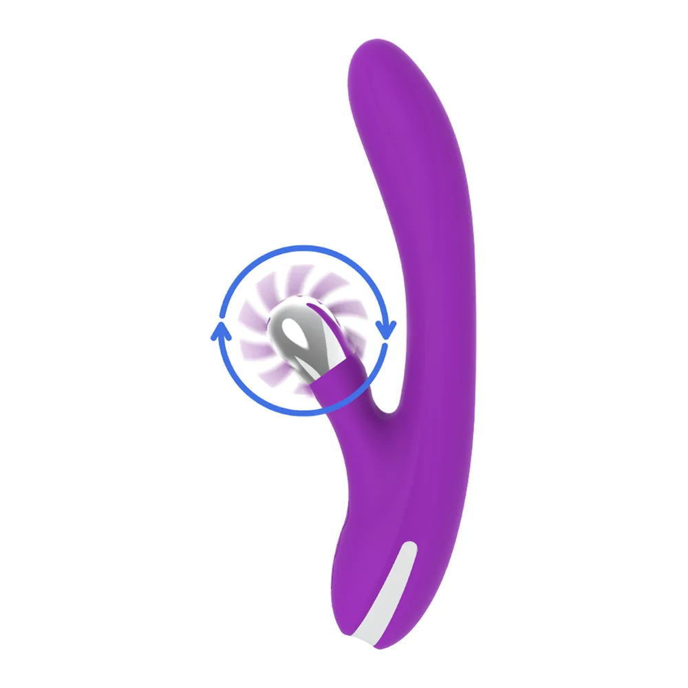 Stimulateur clitoridien violet avec branche incurvée et roue à picots rotative grise, design ergonomique sur fond blanc