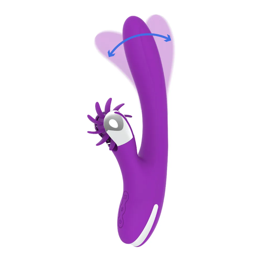 Vibromasseur rabbit violet avec tête flexible ondulante et roue clitoridienne rotative en surface, détails blancs, sur fond blanc
