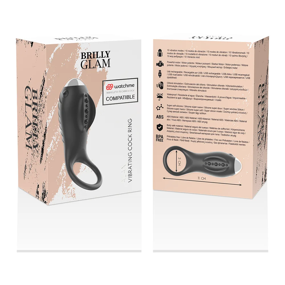 Emballage du cockring vibrant Brilly Glam Alan avec télécommande, boîte beige et noire montrant le produit noir en silicone et ses caractéristiques techniques