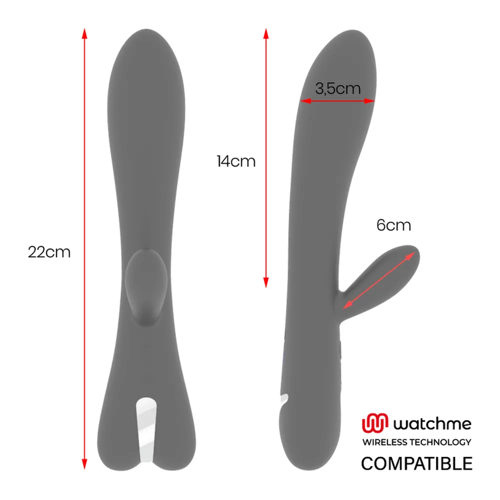 Vibromasseur rabbit noir en silicone avec deux branches latérales, vue de face et de profil, sur fond blanc. Logo Watchme compatible visible