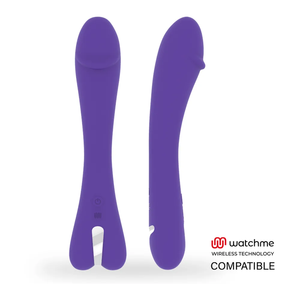 Vibromasseur Enzo en silicone violet, montré de face et de profil, avec télécommande sans fil Watchme compatible, rechargeble et étanche
