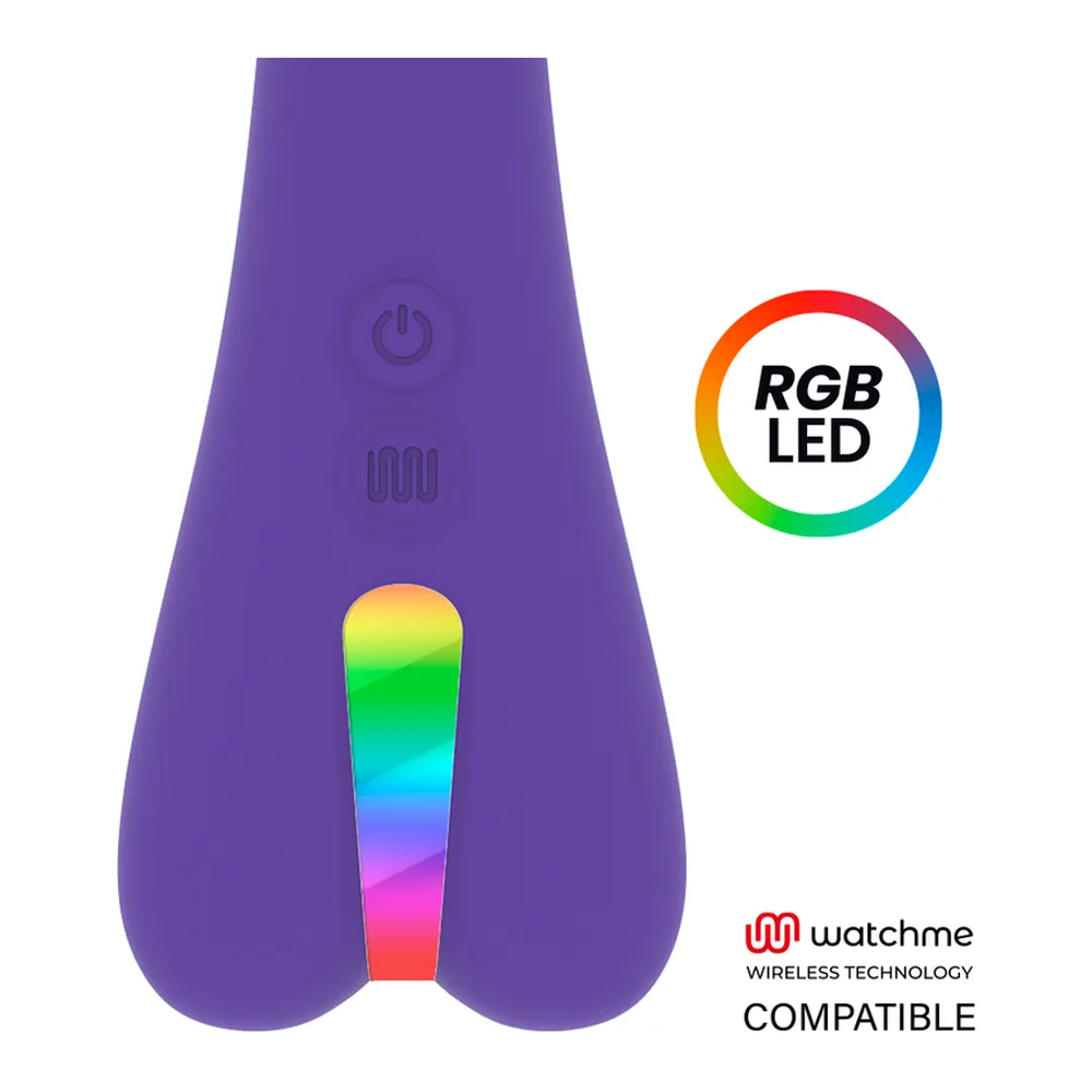 Vibromasseur Enzo en silicone violet, montré de face et de profil, avec télécommande sans fil Watchme compatible, rechargeble et étanche