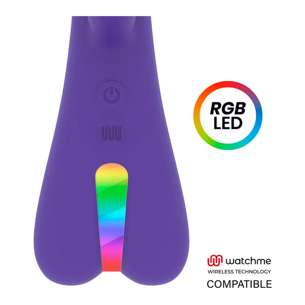 Vibromasseur rabbit en silicone violet avec branche de stimulation latérale, montré de face et de profil sur fond blanc, compatible avec technologie Watchme sans fil