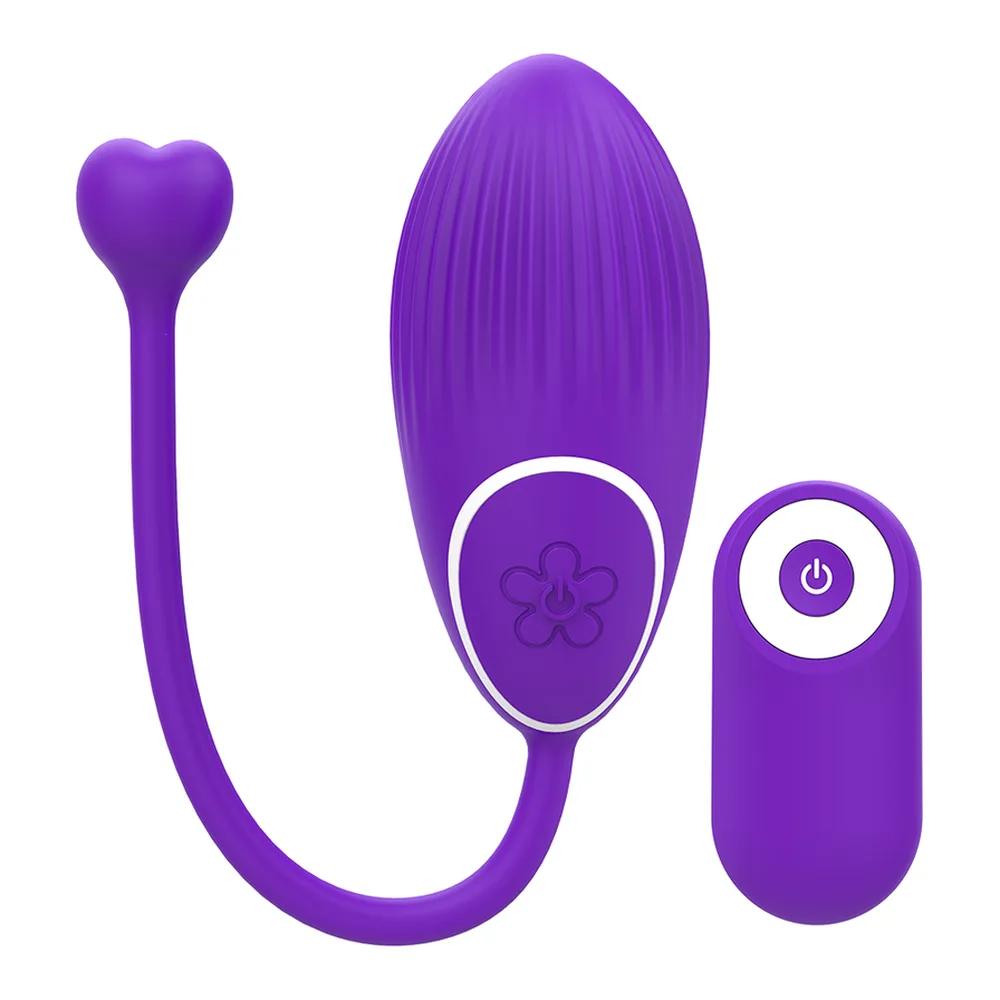 Vibromasseur œuf violet avec cordon et télécommande sans fil assortie, sur fond blanc