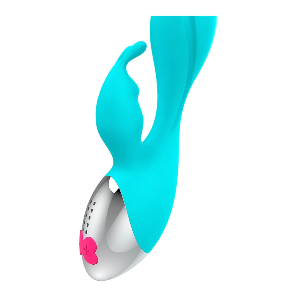 Vibromasseur rabbit en silicone turquoise avec bras de stimulation, base argentée à picots et palpeur rose vif, fond blanc