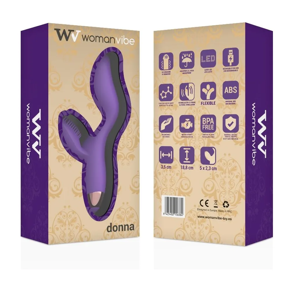Vibromasseur en silicone violet avec bras clitoridien épais couvert de picots et embout doré, fond blanc