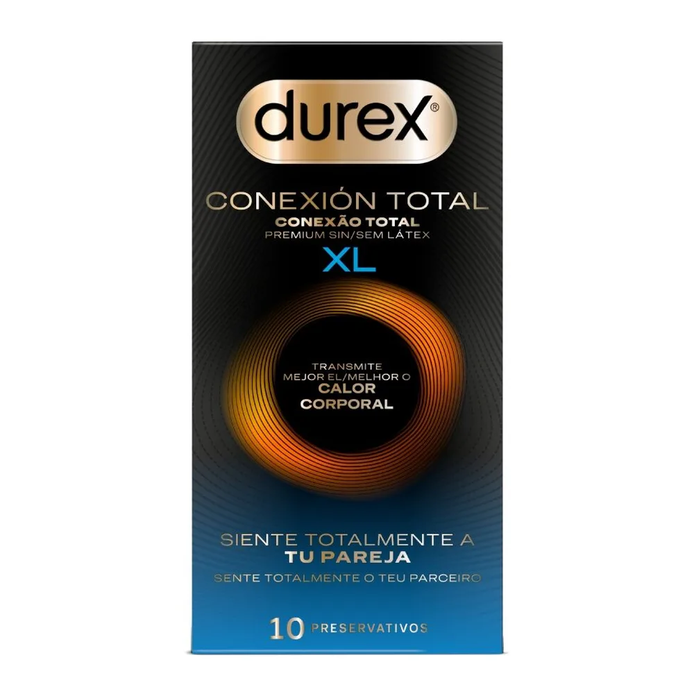 Boîte de préservatifs Durex Conexión Total XL sans latex, taille XL, 10 unités, sur fond noir et bleu dégradé avec anneau orange doré