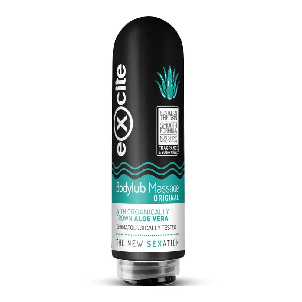 Flacon de lubrifiant Bodylub Massage Original noir et turquoise, avec étiquette mentionnant aloe vera bio, sur fond blanc