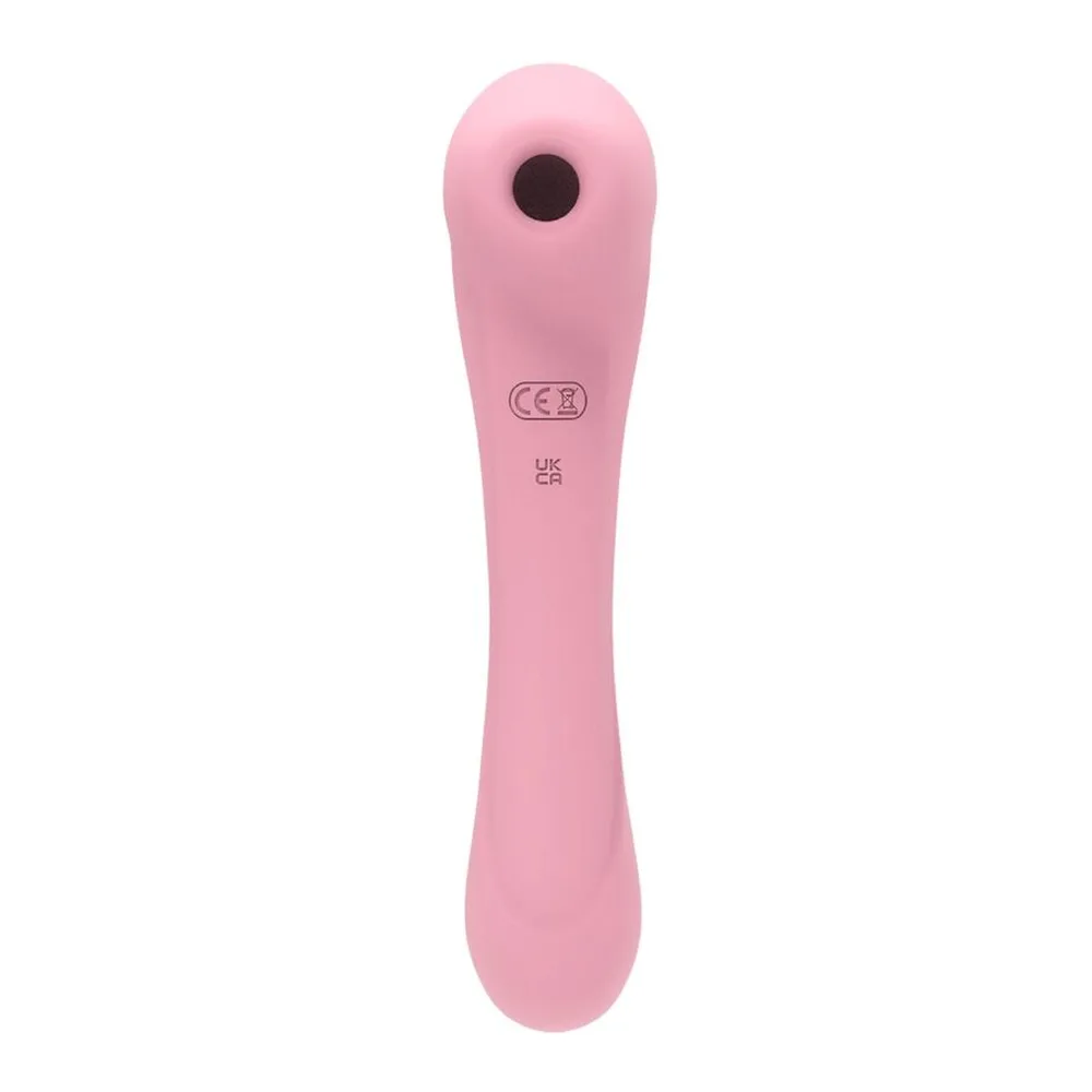 Stimulateur clitoridien rose en silicone, de forme allongée avec tête arrondie percée d'un orifice d'aspiration, marquages de conformité visibles sur le corps, fond blanc