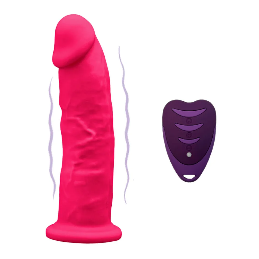 Pénis réaliste rose vif avec relief texturé et base aplatie, accompagné d'une télécommande violette sans fil avec trois boutons de contrôle