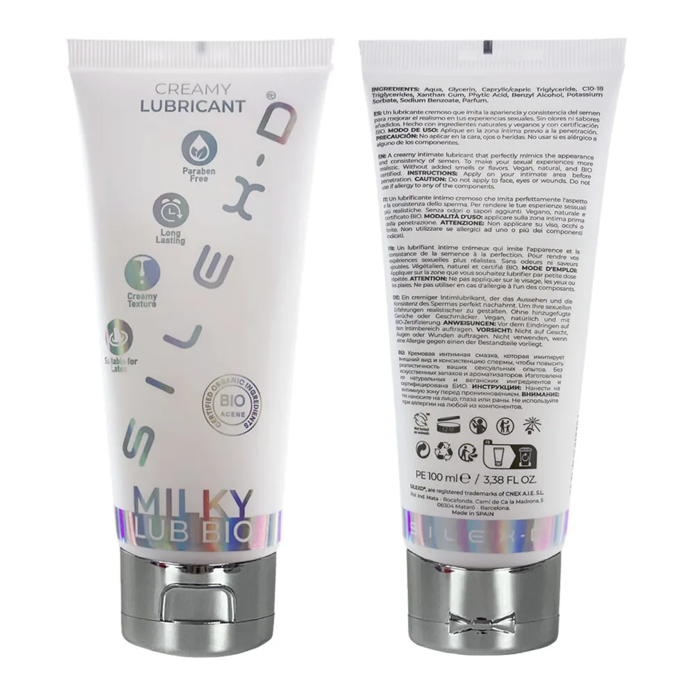 Tube blanc de lubrifiant crémeux Silicium Milky avec pompe à pression grise, étiquette gris et violet indiquant certification bio et mentions sans paraben ni long-lasting