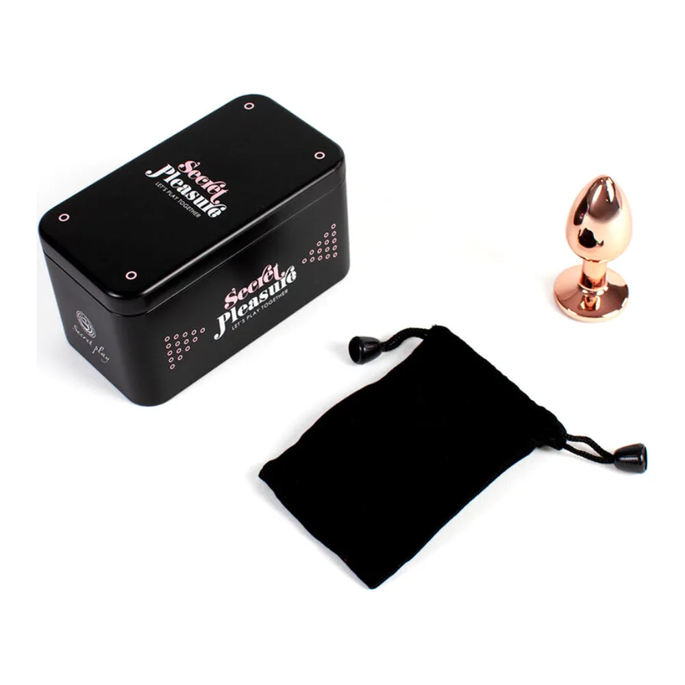 Plug anal en aluminium rose pêle brillant, forme ovoïde arrondie avec base circulaire plate, sur fond blanc