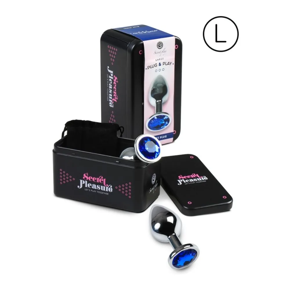 Plug anal de grande taille en aluminium noir et gris avec base bleue, forme tulipe évasée et tige métallique lisse