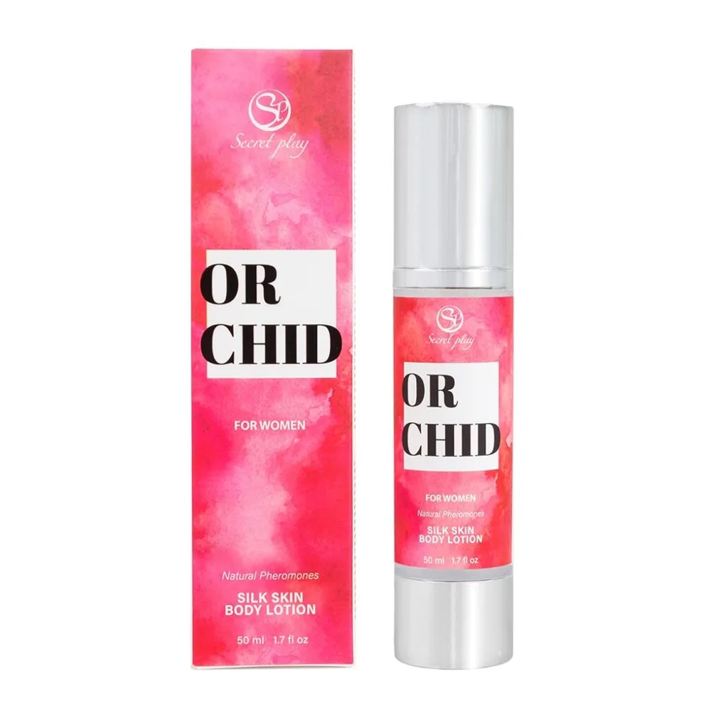 Boîte rose et flacon airless blanc de lotion corporelle Orchid Secret Play, 50 ml, avec étiquette noire et rose affichant le nom du produit et la mention pour femmes