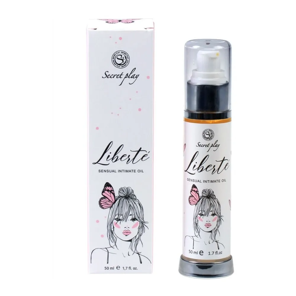 Emballage blanc et flacon de 50 ml du lubrifiant intime Liberté Secret play, avec pompe doseuse, décor illustré d'une jeune femme et papillon rose