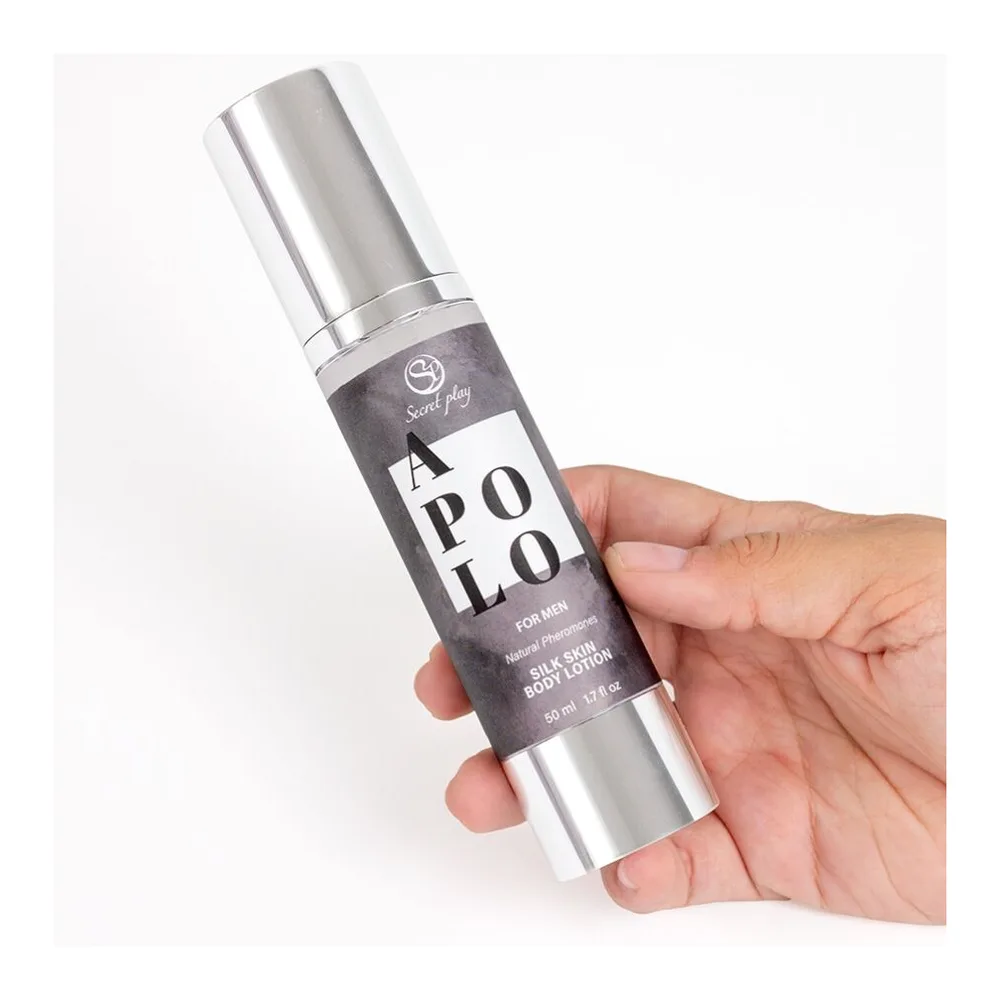 Emballage et flacon de lotion corps Apolo pour homme, 50 ml, avec boîte grise et flacon blanc à pompe, texte « Silk Skin Body Lotion »