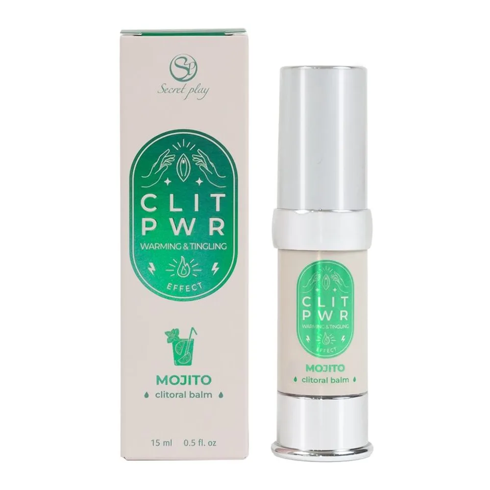 Emballage et flacon airless argent d'un baume clitoridien Clit Pwr saveur mojito, 15 ml, avec étiquette verte et boîte blanc crème