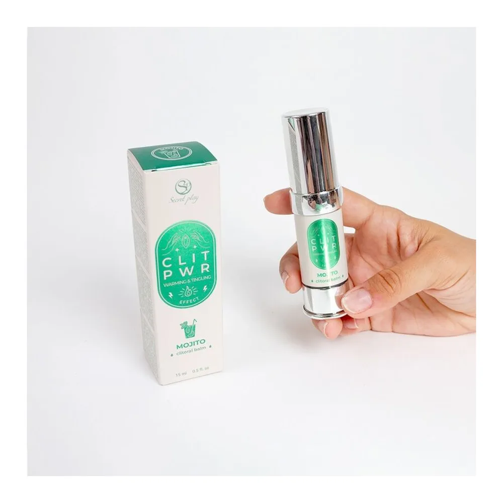 Emballage et flacon airless argent d'un baume clitoridien Clit Pwr saveur mojito, 15 ml, avec étiquette verte et boîte blanc crème