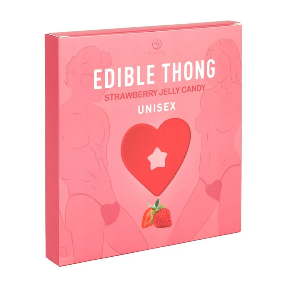 Emballage rose d'un string bonbon comestible à la fraise, avec cœur rouge et illustrations de silhouettes en relief, mention « Unisex »