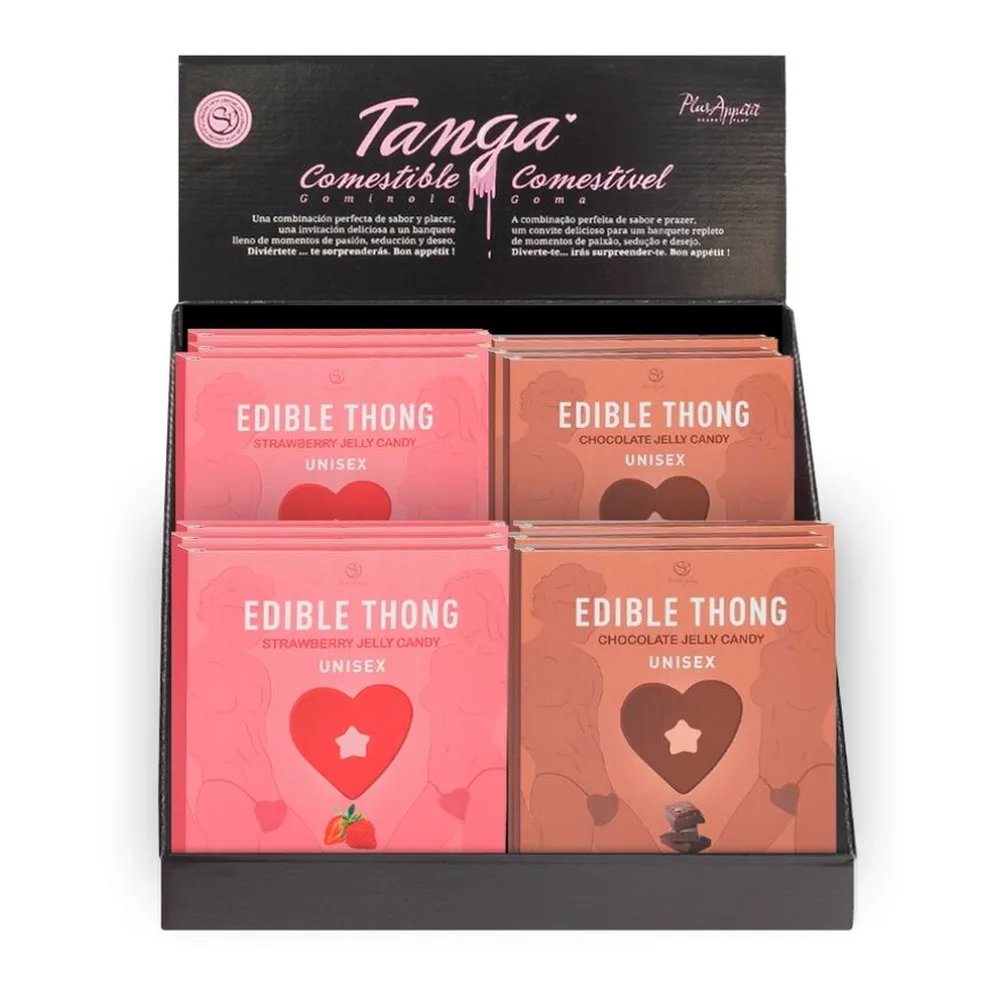 Emballage d'un string comestible en bonbon gélifié au chocolat, boîte corail avec cœur chocolat et illustration de silhouettes féminines stylisées