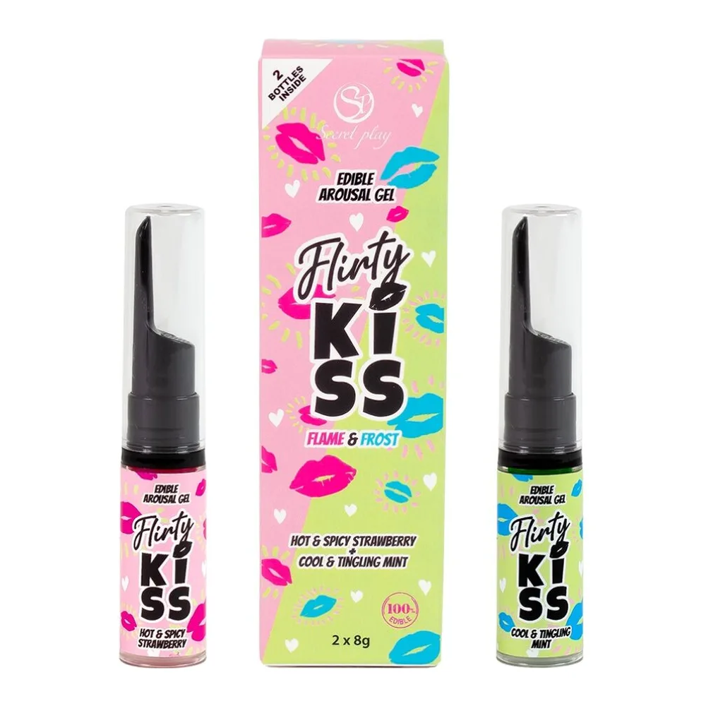Boîte rose et vert anis du gel baisers Flirty Kiss avec deux tubes noirs : l'un rose pour la fraise épicée chaude, l'autre turquoise pour la menthe fraîche froide