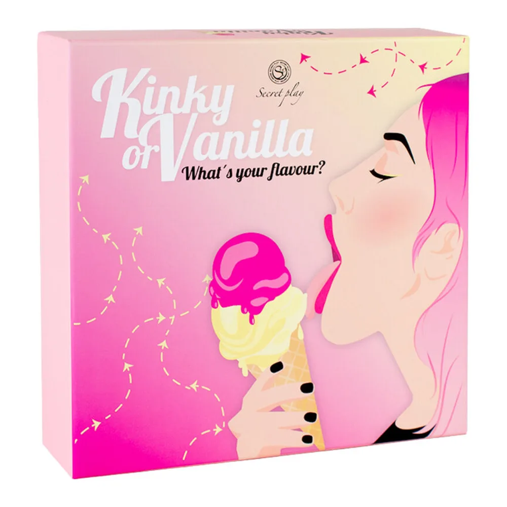 Jeu Kinky Vanilla cards en main, affichant la couverture noire avec illustration cornet de glace rose et jaune, et le verso rose avec questions numérotées