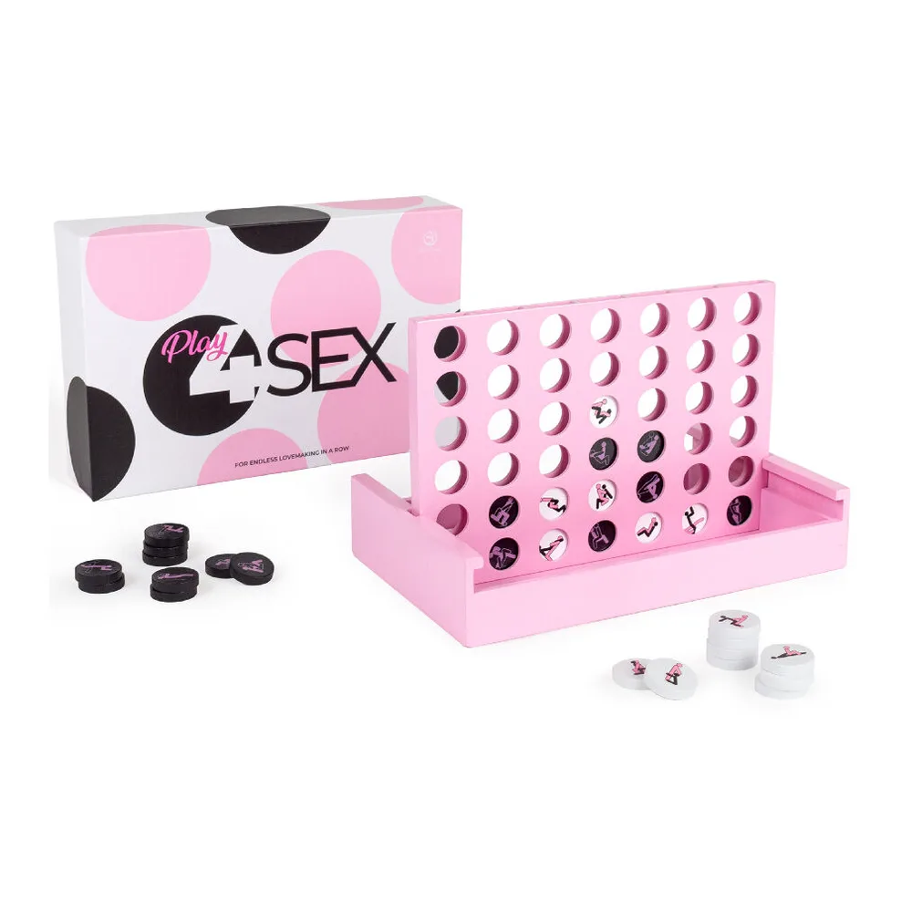 Jeu Play4Sex avec boîte blanche et rose aux motifs géométriques, plateau de jeu rose avec 42 jetons noirs et roses gravés de symboles, et jetons blancs d'instructions