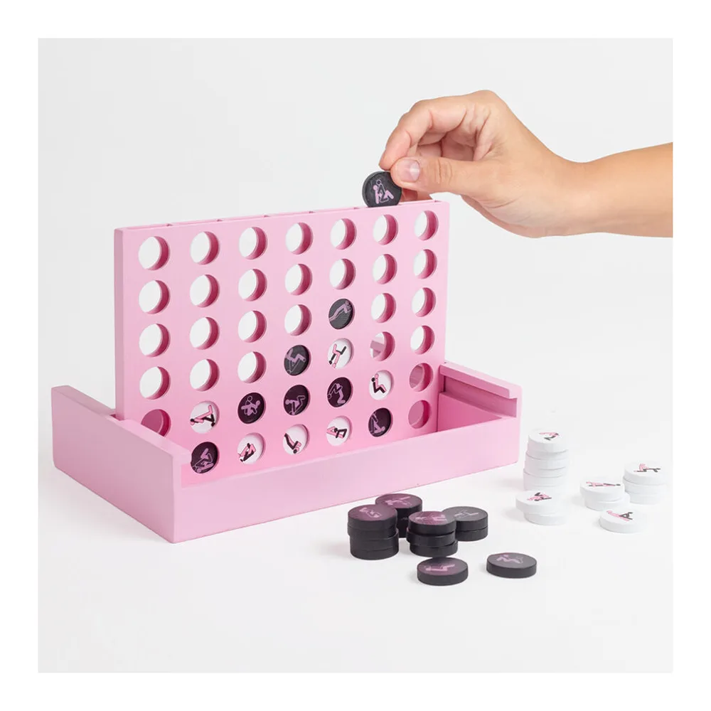Jeu Play4Sex avec boîte blanche et rose aux motifs géométriques, plateau de jeu rose avec 42 jetons noirs et roses gravés de symboles, et jetons blancs d'instructions