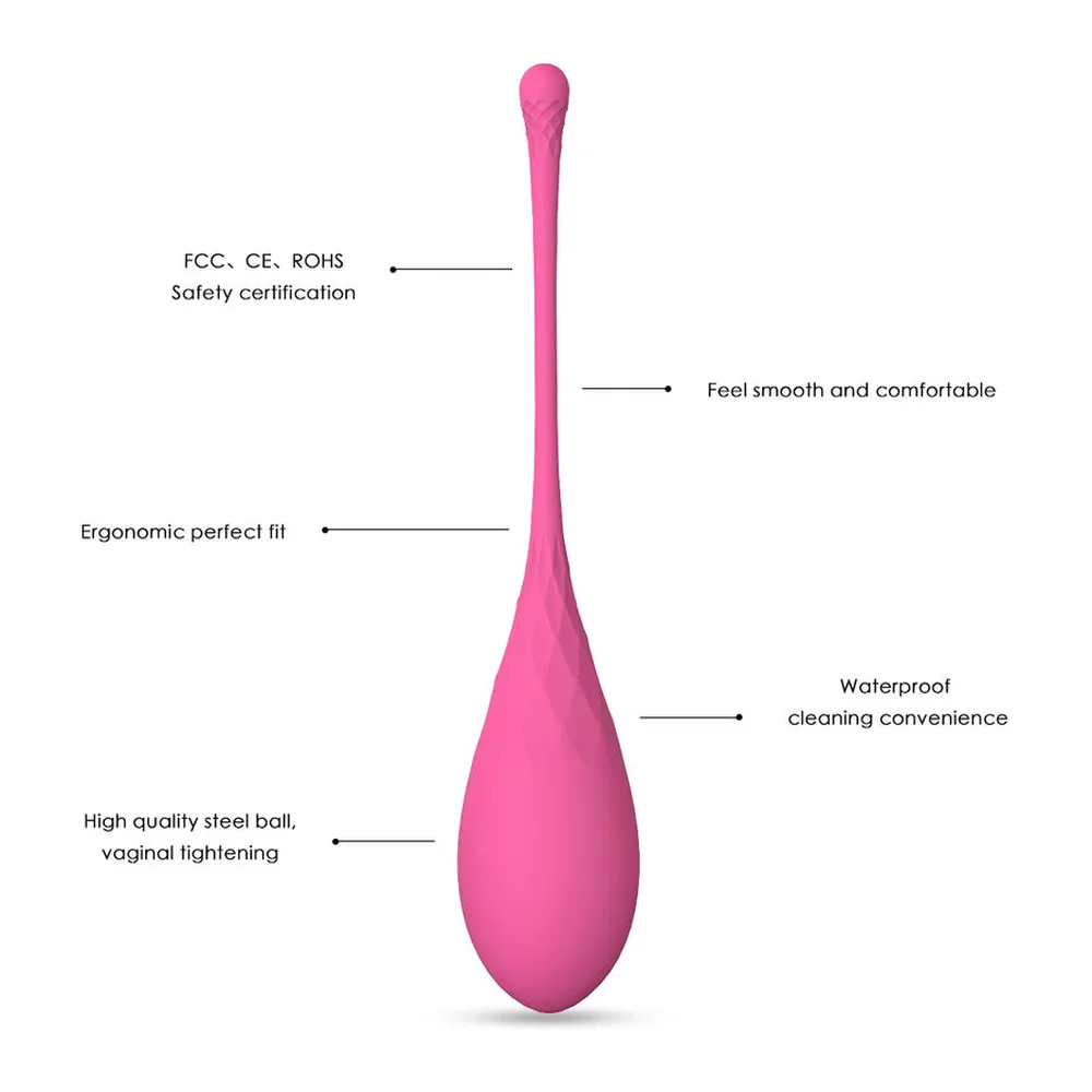 Boule de Geisha en silicone rose vif avec tige, vue de face sur fond blanc, avec schéma annoté montrant certifications de sécurité et caractéristiques de conception ergonomique
