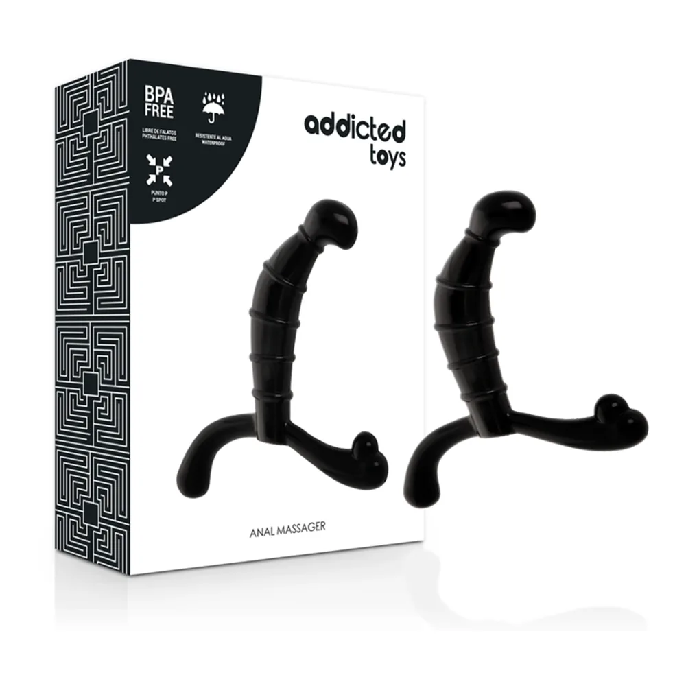Boîte de produit Addicted Toys avec motifs géométriques noirs et blancs affichant un stimulateur de prostate noir en silicone avec tige nervurée et deux extrémités arrondies, shown de deux angles différents sur fond blanc