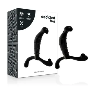 Boîte de produit Addicted Toys avec motifs géométriques noirs et blancs affichant un stimulateur de prostate noir en silicone avec tige nervurée et deux extrémités arrondies, shown de deux angles différents sur fond blanc